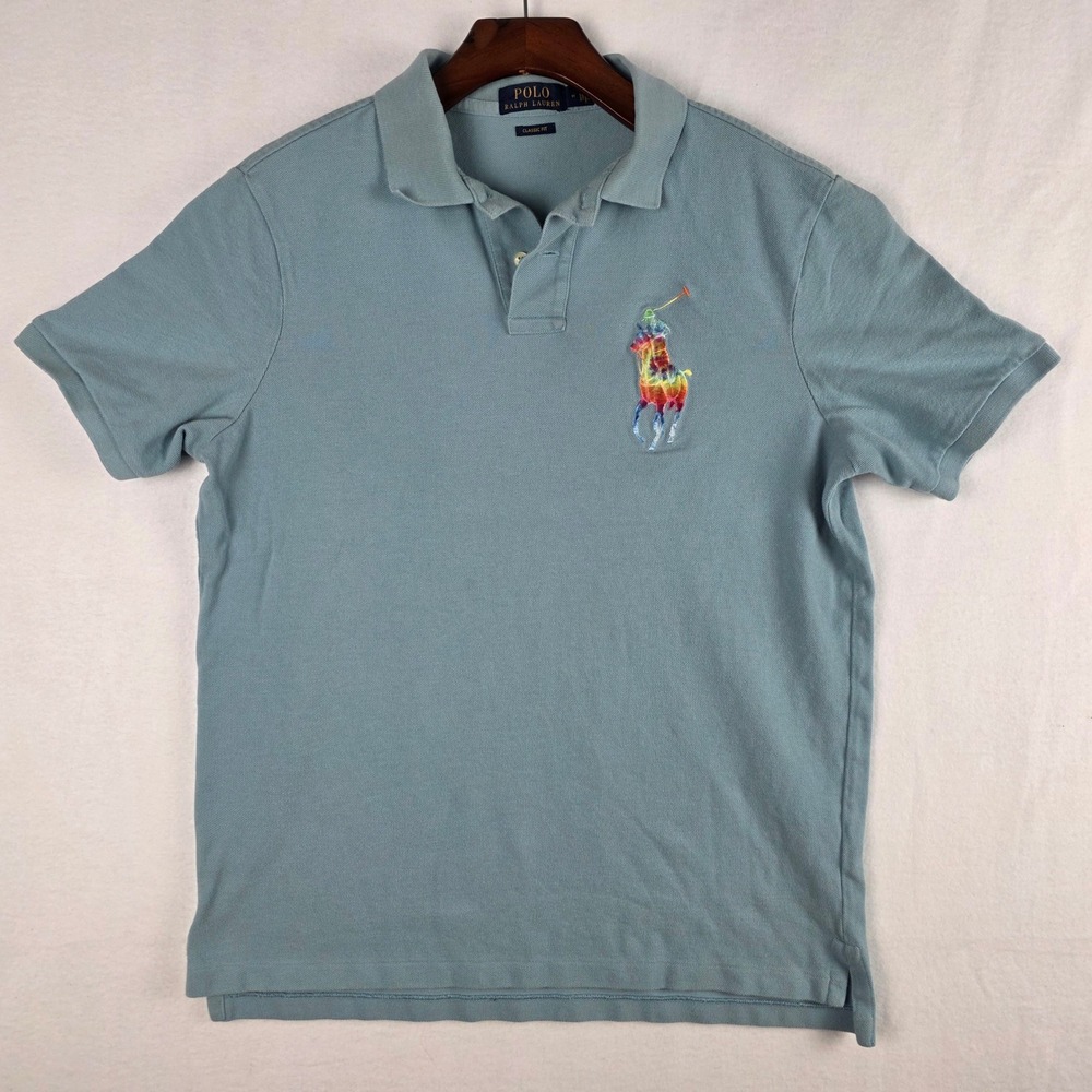 Polo Ralph Lauren Mens Medium Blue Rainbow Big Pony Classic Fit Polo Shirt